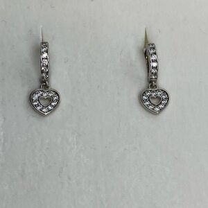 Vtg 925 Sterling Silver & Cz Pave Heart Huggie Hoop Dangle Earrings